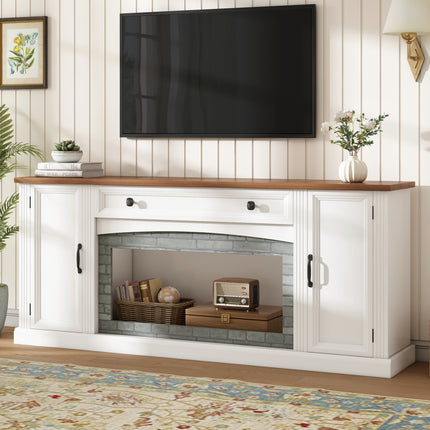 Elegant Walnut TV Stand with Gray Brick Accents for TVs Up to 70', Contemporary Sideboard with Drawer, Adjustable Shelves, Stylish Farmhouse TV Cabinet with Cable Management for Living Room, White