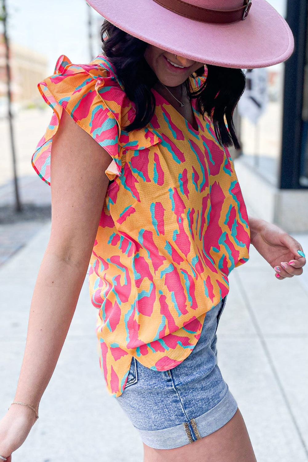 Orange Abstract Print V Neck Ruffled Sleeve Blouse - Eloy Royal