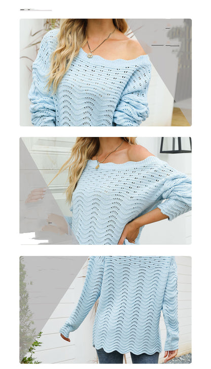 Hollow Pullover Lace Knit Word Neck Off Shoulder Sweater Women