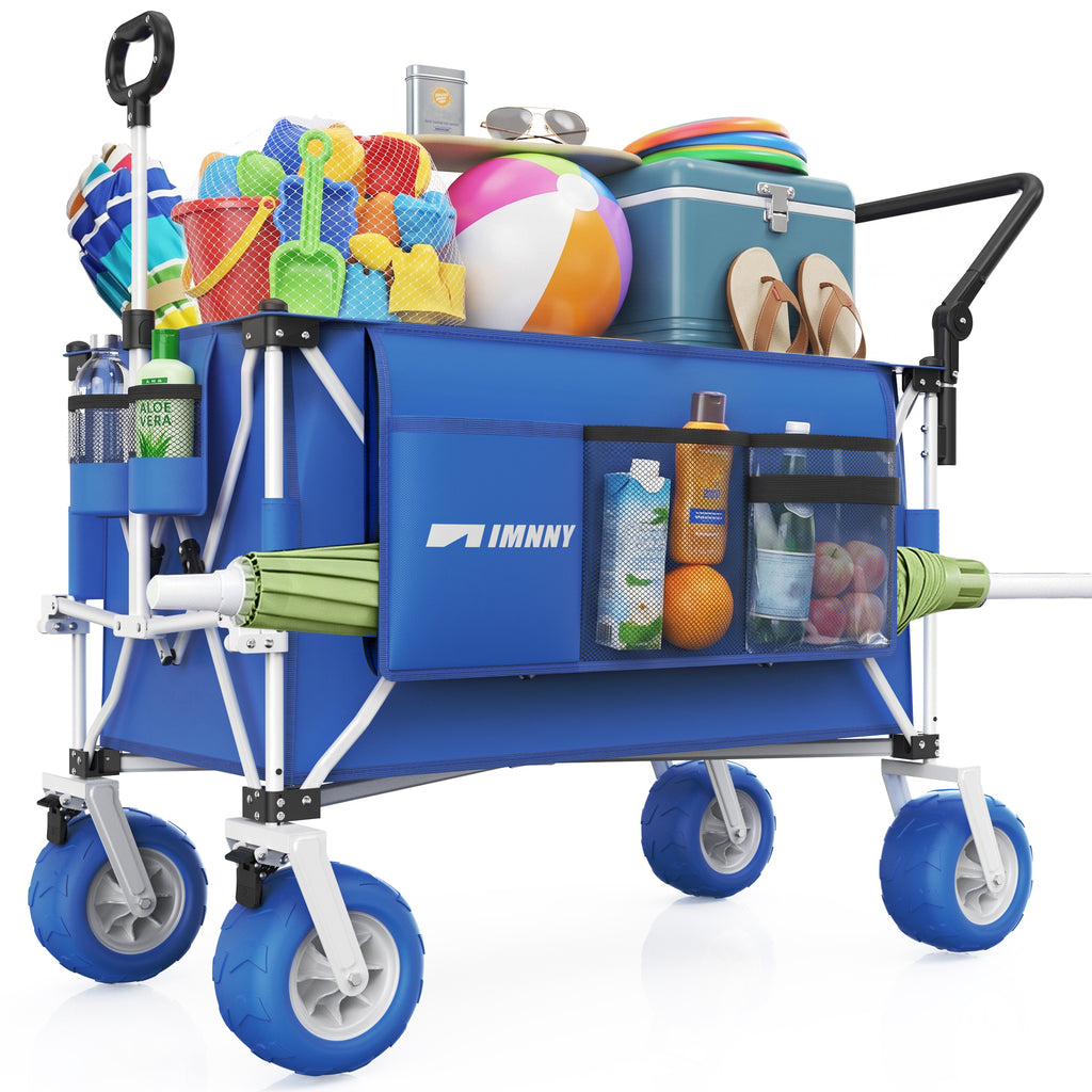 Multi-Functional Push-Pull Folding Wagon Cart with Rotating Handle & 9'x4' Beach Tires for Camping & Beach –400L Heavy-Duty, 600lbs load, Large Capacity for Transport, Groceries, and Outdoor Use