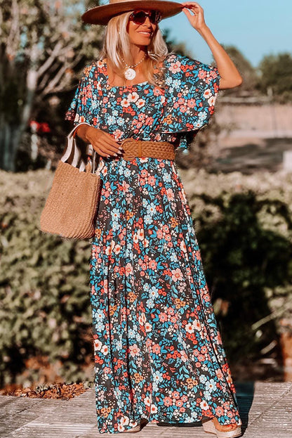 Sky Blue Boho Floral Print Knotted Backless Maxi Dress - Eloy Royal