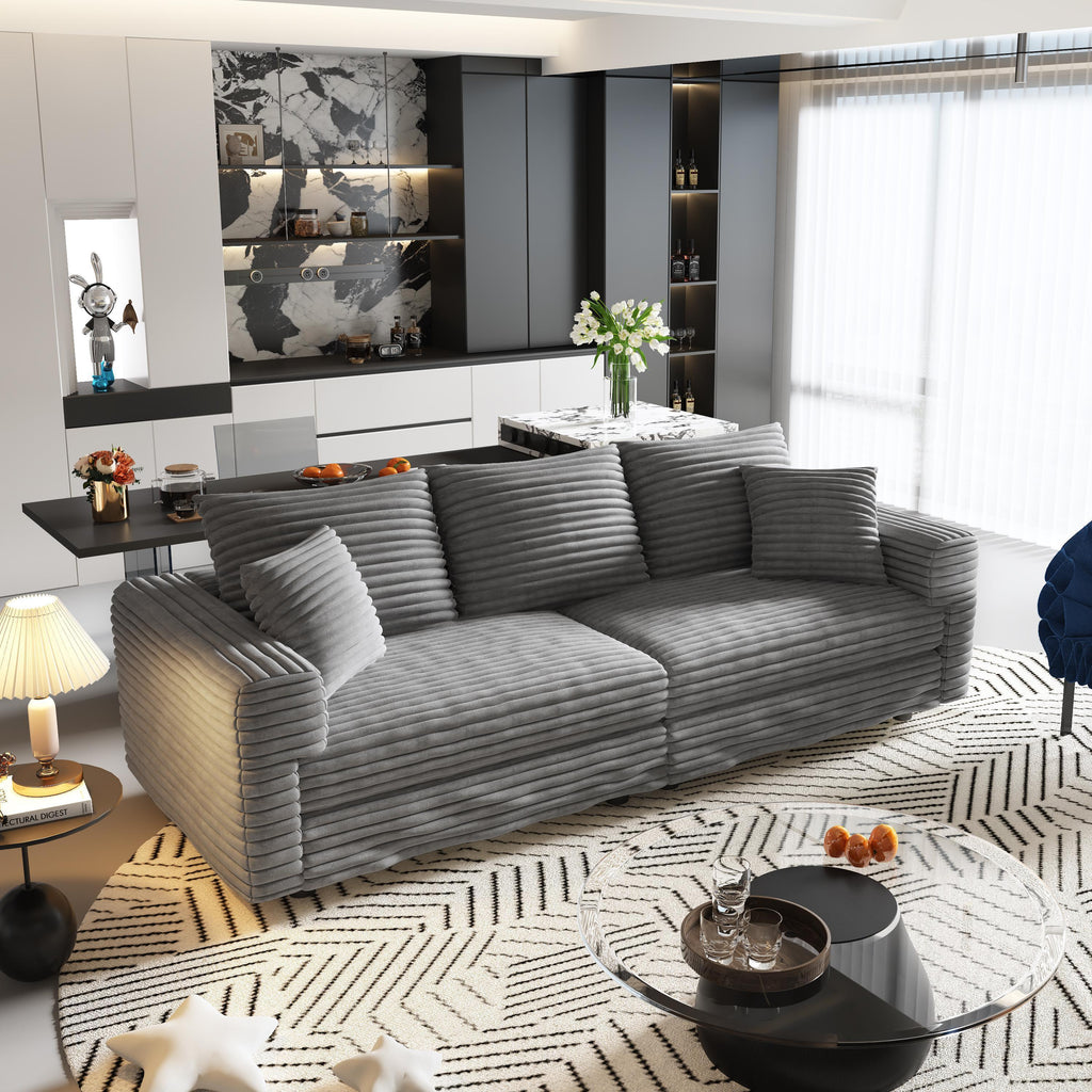 82.7 'Plush Corduroy 3-Seat Sofa,Modern Comfy Upholstered Sofa Cloud Couch,Deep Seat Couches with Soft Pillows and 2 Ottomans,Convertible Sofa Lounge Chair,for Living Room,Apartment,Office,Grey - Eloy Royal