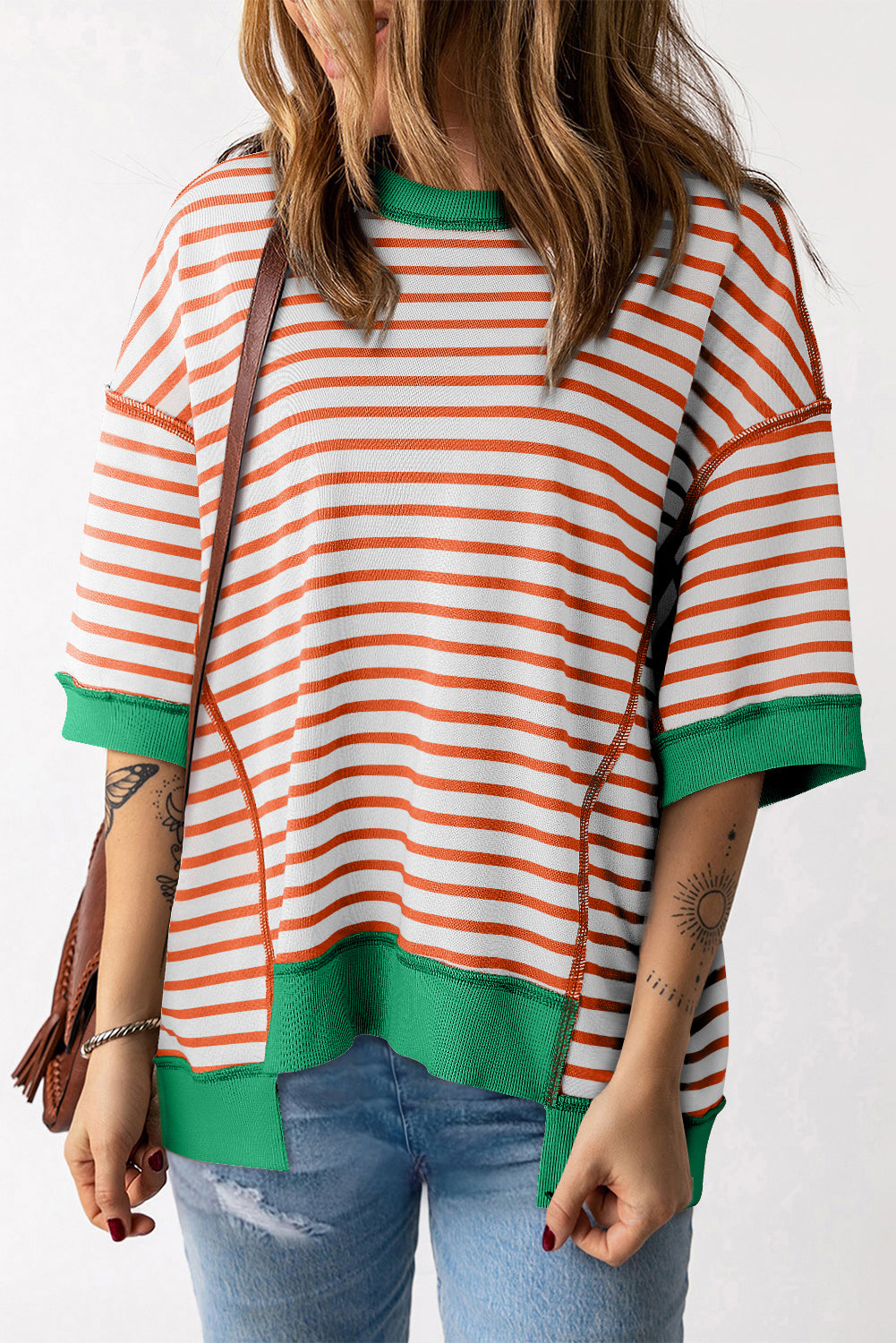 Pink Stripe Colorblock Drop Sleeve Loose Top - Eloy Royal