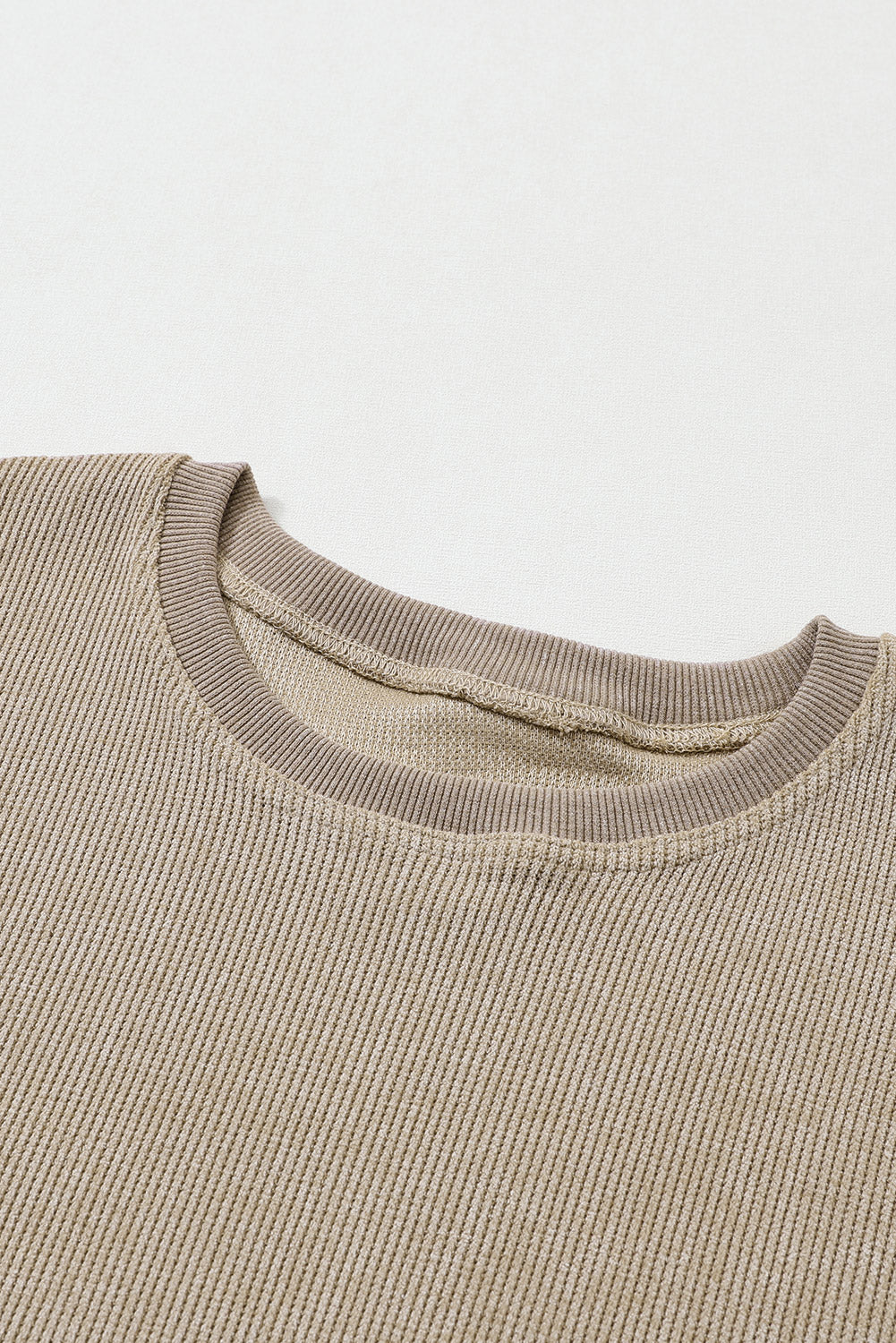 Khaki Solid Ribbed Round Neck Pullover Sweatshirt - Eloy Royal