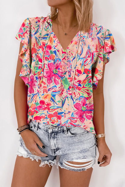 Multicolour Floral Print Tied V-Neck Ruffle Sleeve Blouse - Eloy Royal