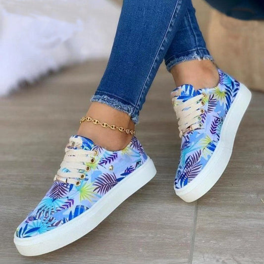 Canvas Shoes For Women Lace-Up Flats Leaves Print Casual Sneakers Round Toe Shoes - Eloy Royal