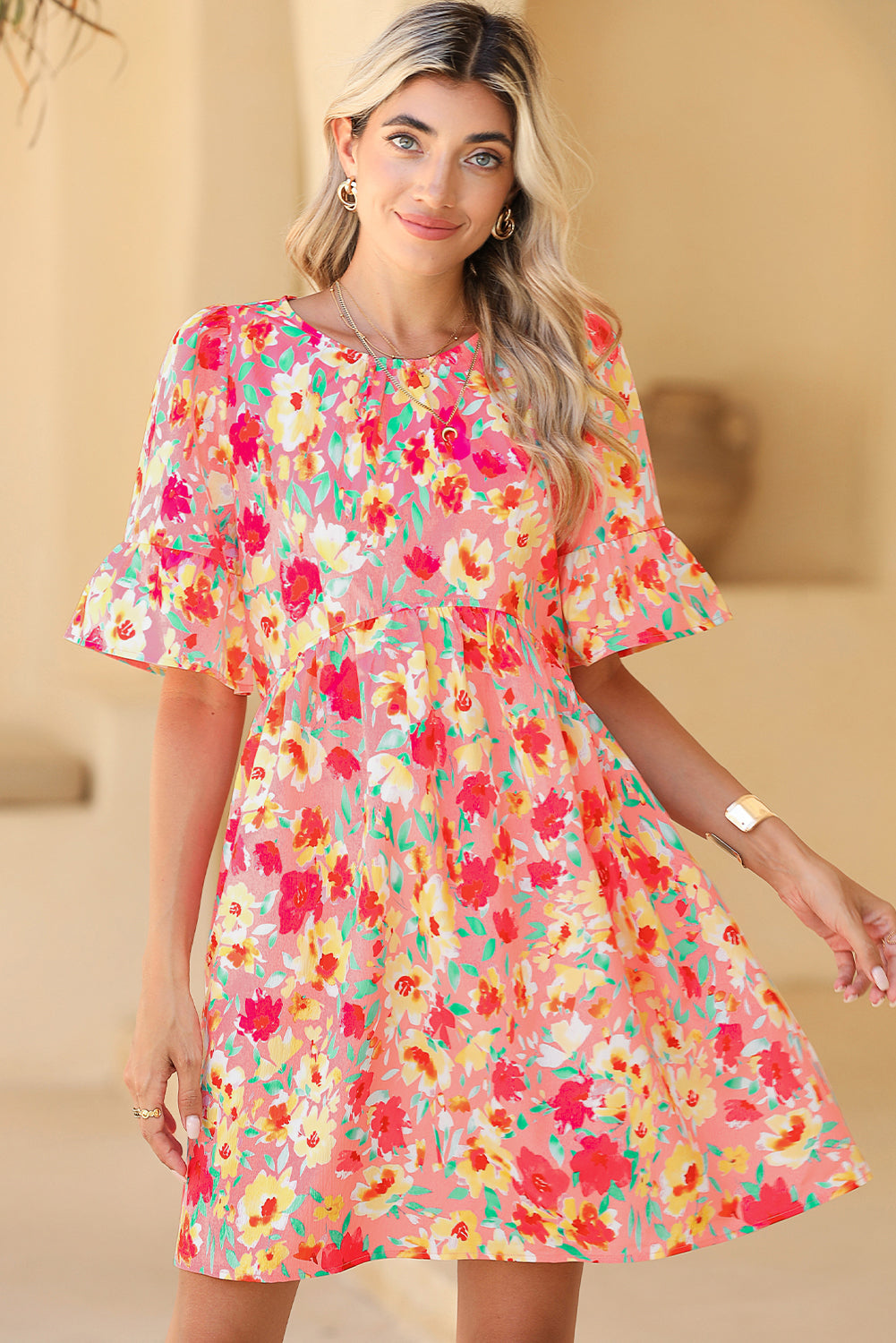 Multicolor Floral Print Flounce Sleeve Pleated Mini Dress - Eloy Royal