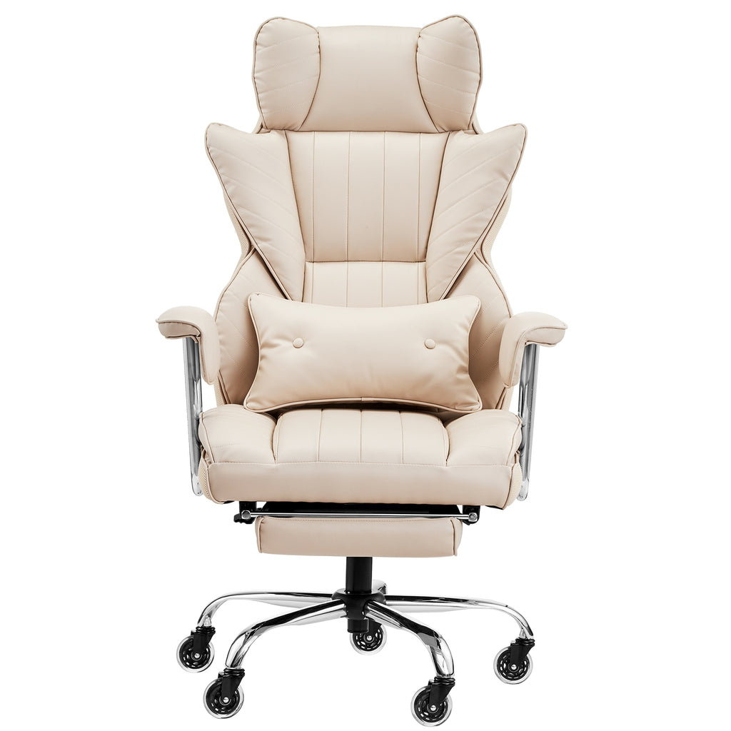 Executive Office Chair with Footrest, 400 lbs Capacity With Heavy Duty PU Leather Wide Office Chair, Big and Tall Reclining Office Chairs with Lumbar Support, Strong Metal Base Quiet Wheels, Khaki