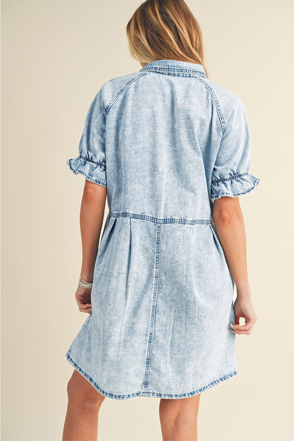 Blue Mineral Washed Ruffled Short Sleeve Pocketed Denim Dress - Eloy Royal