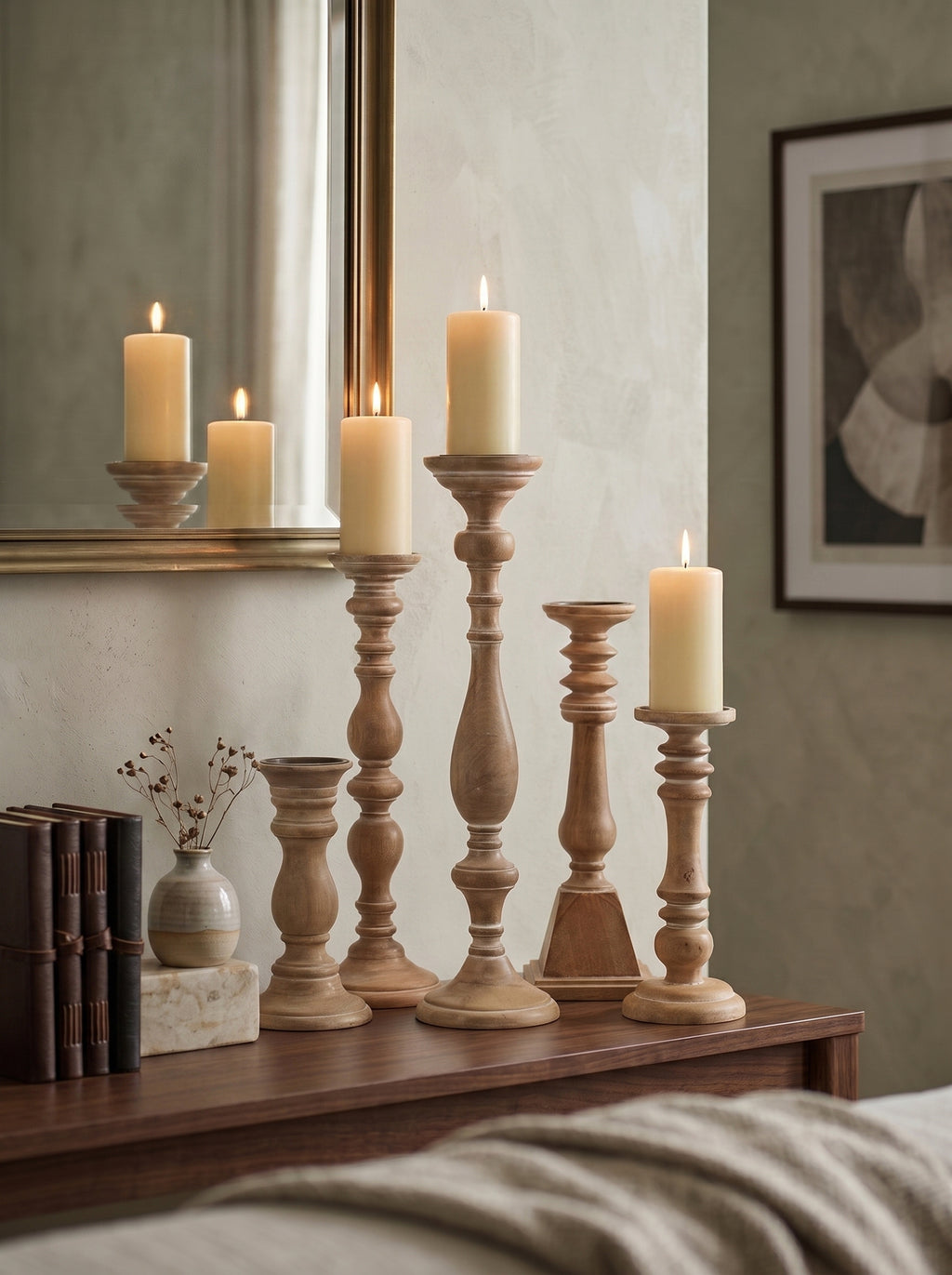 Set of 5 Brown Wooden Candle Holders, XL:6x6x22' L:6x6x18' M:6x6x16' S:6x6x12' XS:6x6x10'