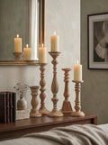 Set of 5 Brown Wooden Candle Holders, XL:6x6x22' L:6x6x18' M:6x6x16' S:6x6x12' XS:6x6x10'