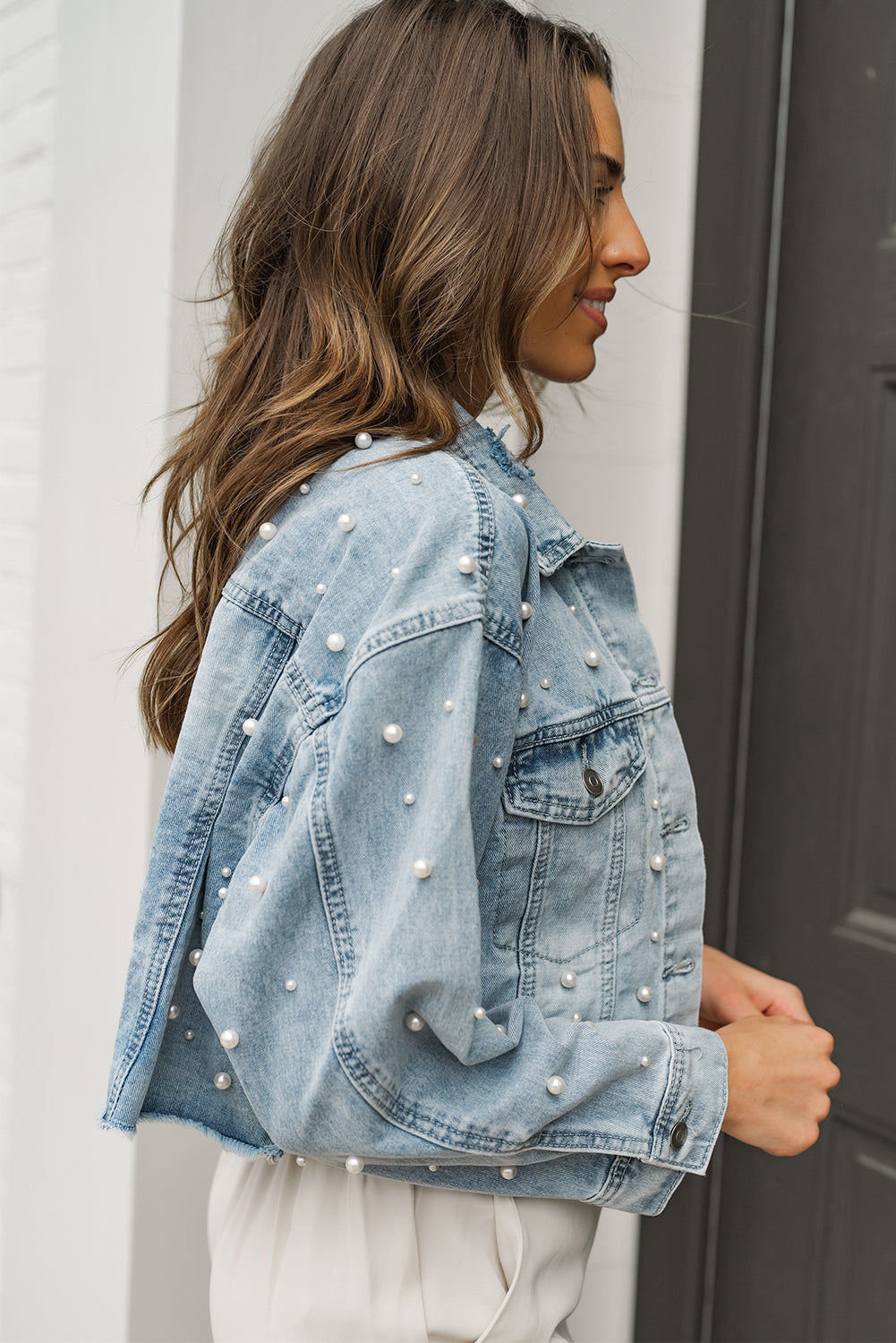 Wholesale Sky Blue Pearls Beading Cropped Denim Jacket - Eloy Royal