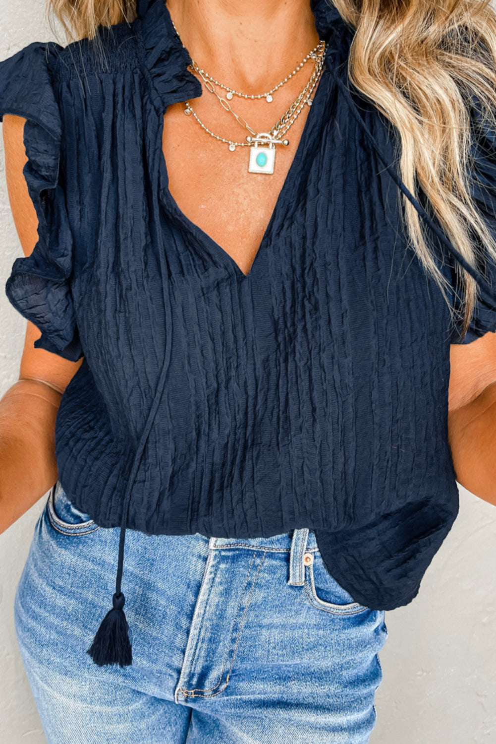 Navy Blue V Neck Flutter Shoulder Textured Blouse - Eloy Royal