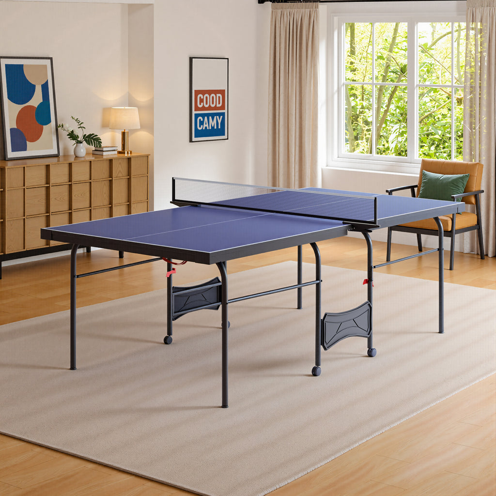 8 FT Foldable Portable Ping Pong Table with Quick-Clamp Net & Post Set, Indoor & Outdoor Use, Supports Solo Play Mode, Blue