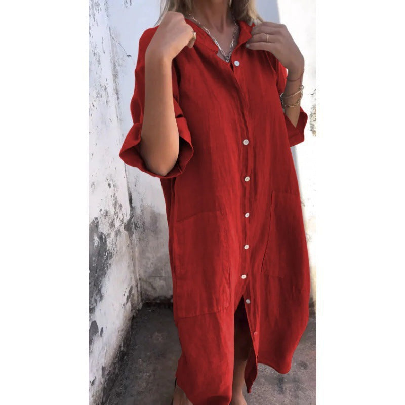 Loose Casual Half Sleeve Cotton Linen Shirt Dress Women