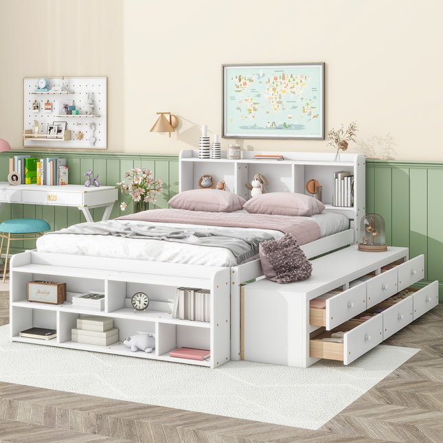 Full Bed with Bookcase Headboard with Under bed Storage Drawers and Bed