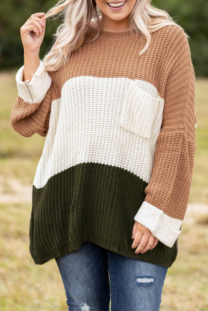 Khaki Color Block Tiered Knit Plus Size Sweater - Eloy Royal