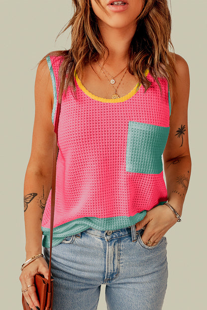 Strawberry Pink Color Block Patched Pocket Waffle Knit Tank Top - Eloy Royal