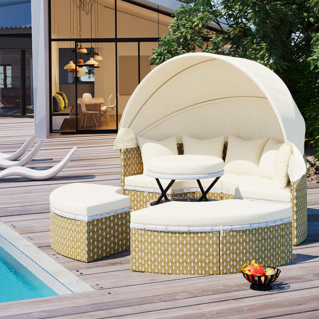 TOPMAX Patio Furniture Round Outdoor Sectional Sofa Set Rattan Daybed Two-Tone Weave