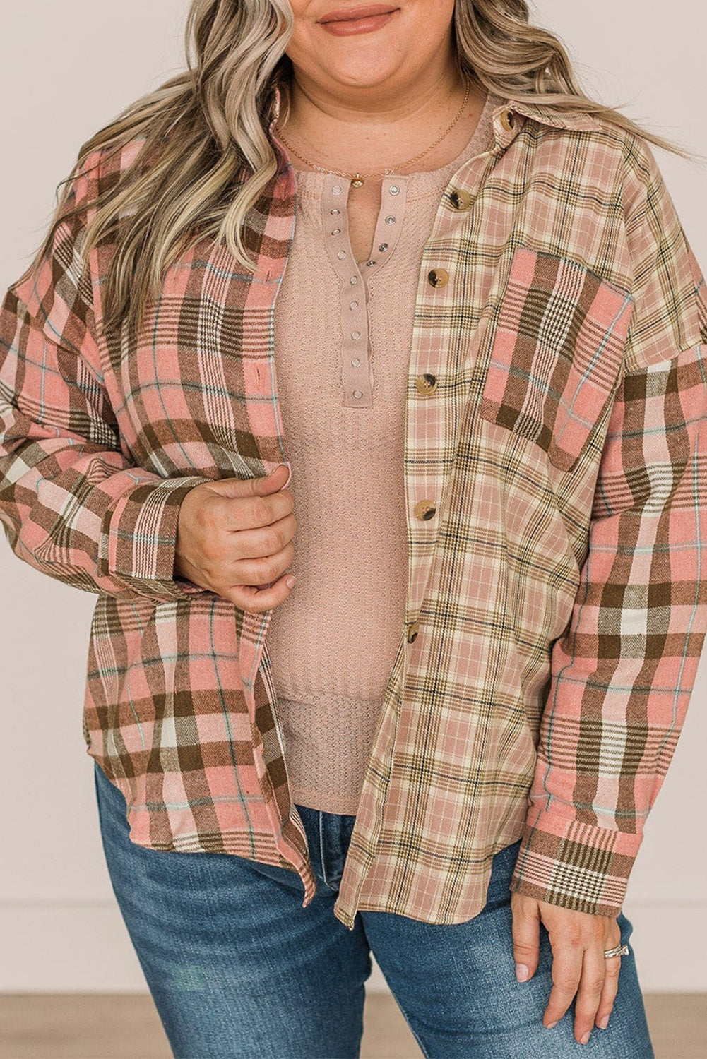 Pink Plaid Plus Size Color Block Long Sleeve Shirt with Pocket - Eloy Royal