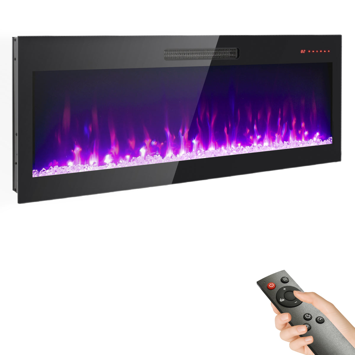 50 inch recessed ultra thin tempered glass front wall mounted electric fireplace with remote and multi color flame & emberbed, LED light heater