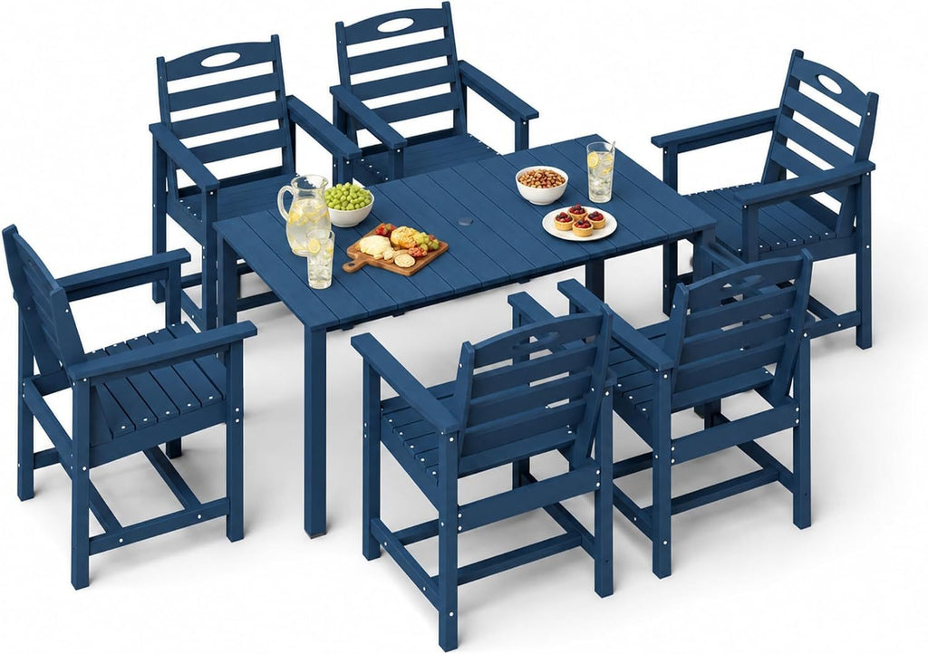 HDPE Outdoor Dining Set, All-Weather 7 Piece Outdoor Dining Table Set with 2' Umbrella Hole, Outdoor Patio Dining Set for Garden, Poolside, Backyard, Deck, Blue