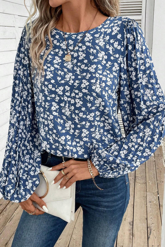 Blue Ditsy Floral Print Lantern Sleeve Blouse