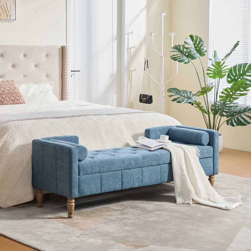 64.6'W Upholstered Chenille Flip-top Storage End of Bed Bench, Tufted Accent Footrest with Armrests&Backrest&2 Bolsters Whitewashed Rubberwood Legs for Living Room, Hallway, Entryway Bedroom, Blue