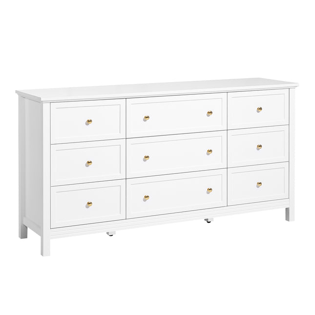 9 Drawer Dresser, Wooden Chest of Drawers with Sliding and Anti-tip Device, Retro Minimalist Dresser Chest, Closet Storage TV Stand Organizer for Living Room, Hallway, Bedroom, Entryway, White