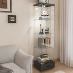 Modern Glass Display Cabinet with Drawer , Quick-assembly Antique Cabinet with LED lights, Tempered Glass Bookshelf, 1-Door Storage Case with 4 Shelves for Living Room and Bedroom, black - Eloy Royal