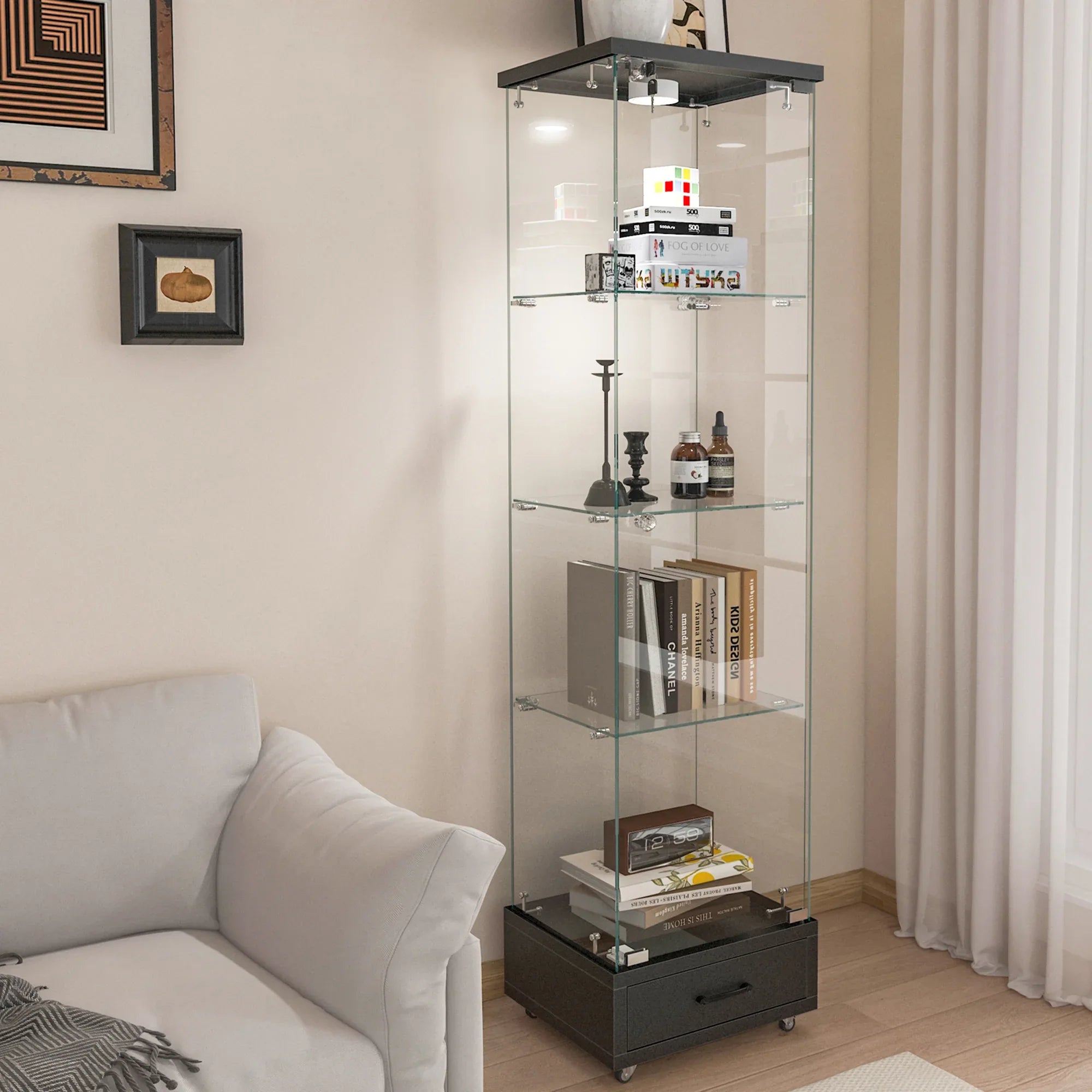 Modern Glass Display Cabinet with Drawer , Quick-assembly Antique Cabinet with LED lights, Tempered Glass Bookshelf, 1-Door Storage Case with 4 Shelves for Living Room and Bedroom, black - Eloy Royal
