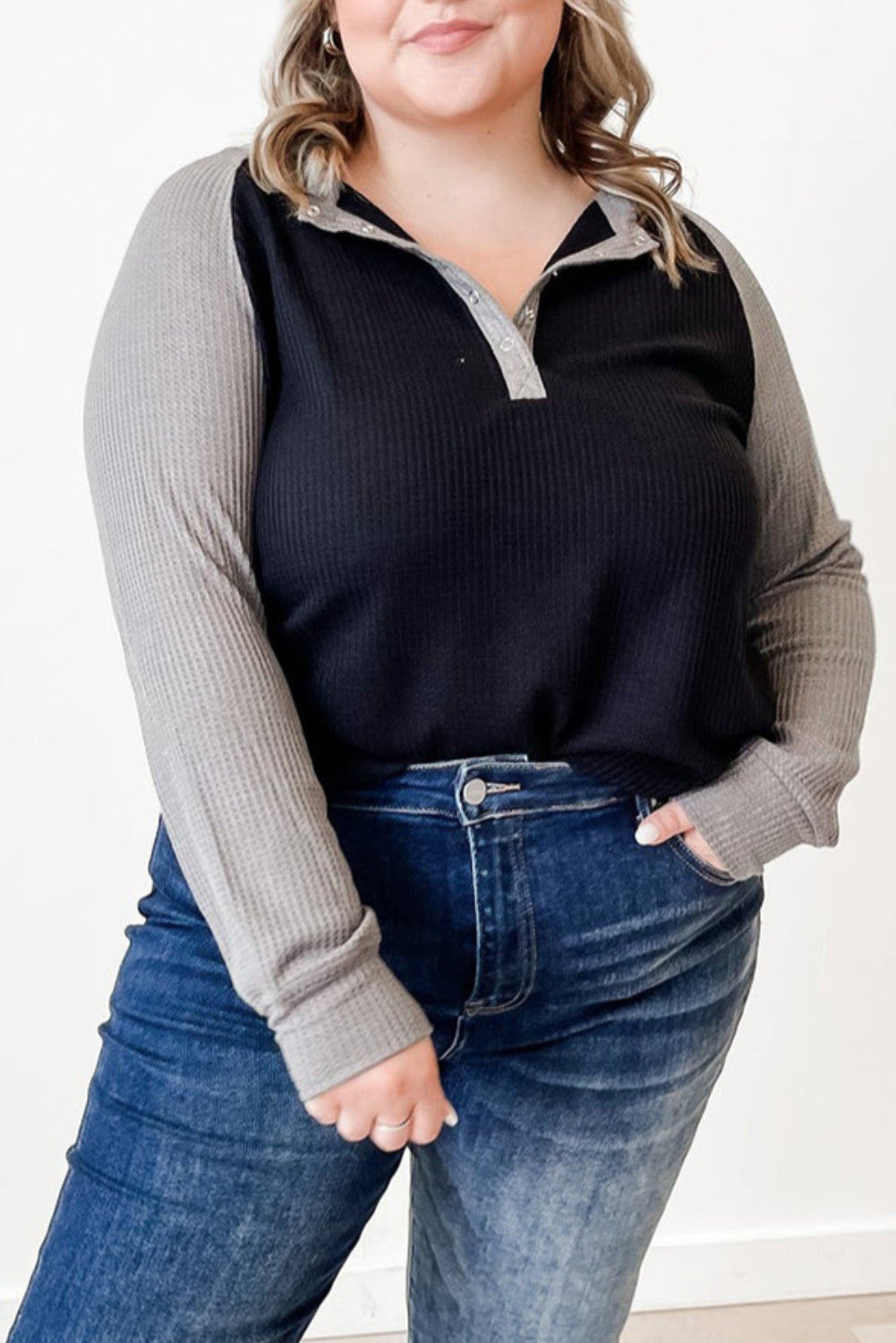 Black Plus Size Contrast Waffle Knit Henley Long Sleeve Top - Eloy Royal