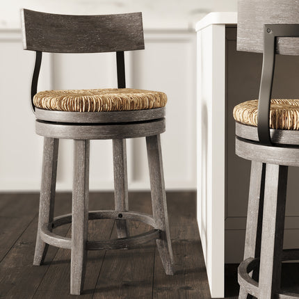 26' Wood Counter-Height Bar Stool with Natural Seagrass Seat, Reclaimed Gray, 1PC