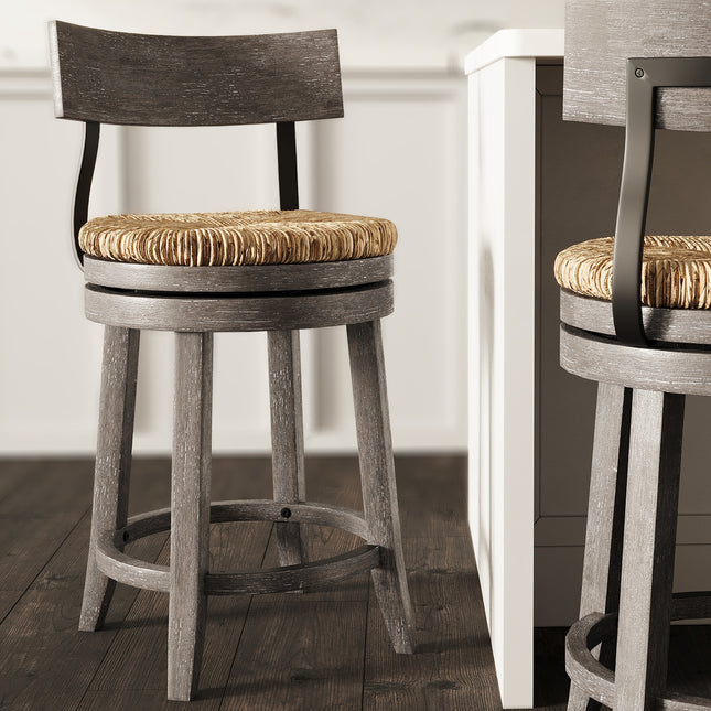 26' Wood Counter-Height Bar Stool with Natural Seagrass Seat, Reclaimed Gray, 1PC