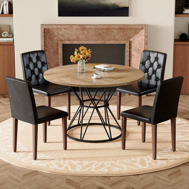 Table and chair set. A circular wood MDF dining table with a diameter of 47.3 inches,black hourglass shaped metal brackets.Paired with 4 Black PU chairs with decorative buckle design on the backrest.