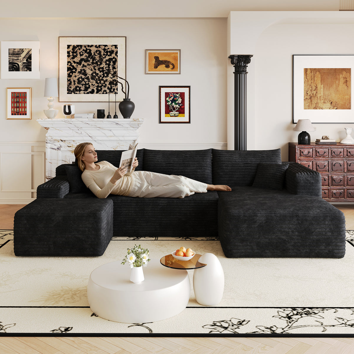 103' Cloud Sectional Sofa,Modern Minimalist Upholstered Couches, Comfort L Shaped Sofa for Living Room,Deep Seat Corner Couch,No Assembly Required,Black (Plush Corduroy Fabric)