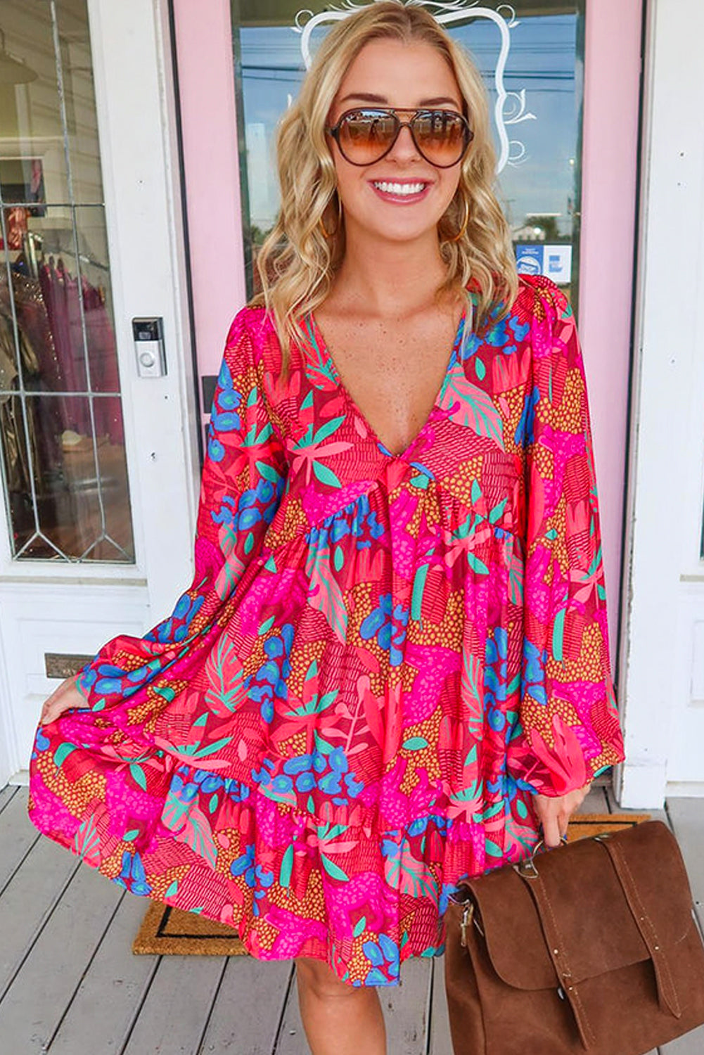 Rose V Neck Bubble Sleeve Boho Flower Flowy Dress - Eloy Royal