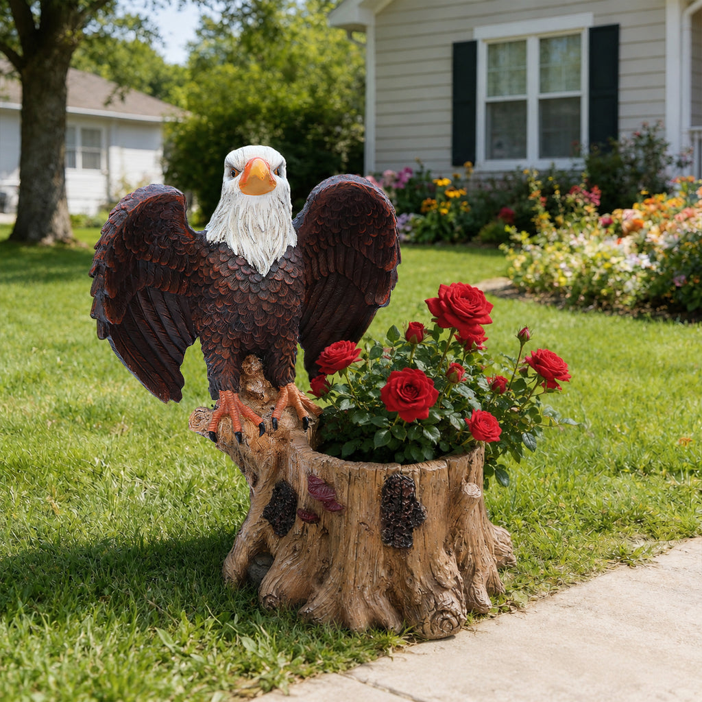 Majestic Eagle with Spread Wings Garden Planter Pot on Tree Stump Base - Durable Polyresin Decorative Flower Pot for Outdoor Patio & Lawn - Unique Wildlife Decor Gift