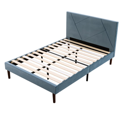 King Size Velvet Upholstered Bed Frame with Solid Wood Slats, Sturdy Platform Bed with Headboard for Bedroom