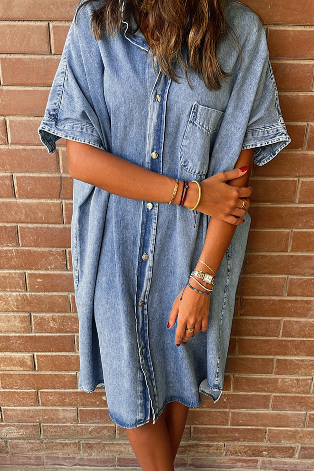 Light Blue Vintage Wash Loose Denim Shirt Dress - Eloy Royal