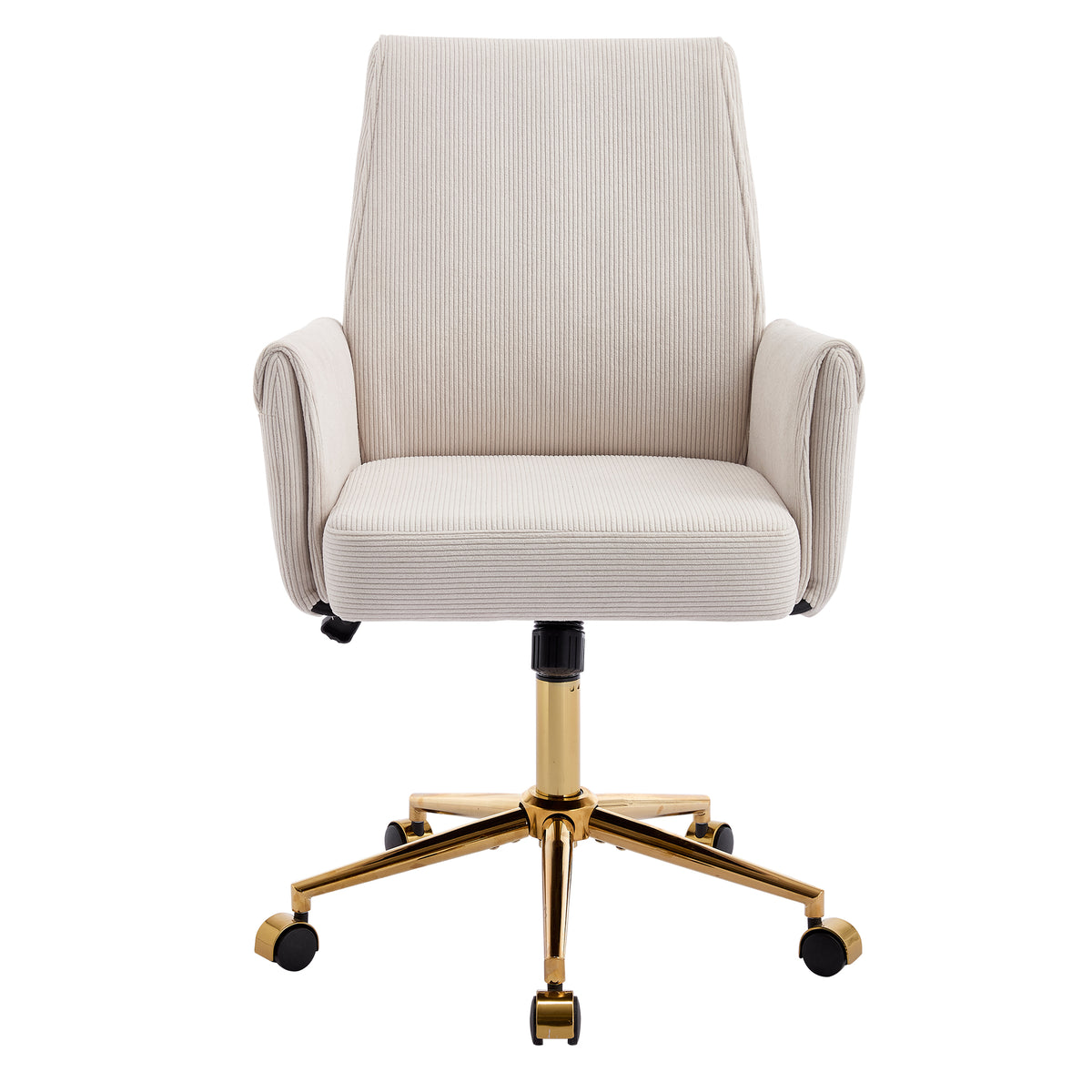 Ergonomic Mid-Back Office Chair with Striped Fabric, White Corduroy, Adjustable Lumbar Support and Gold Base, 25.2 x 24.0 x 39.0 inches