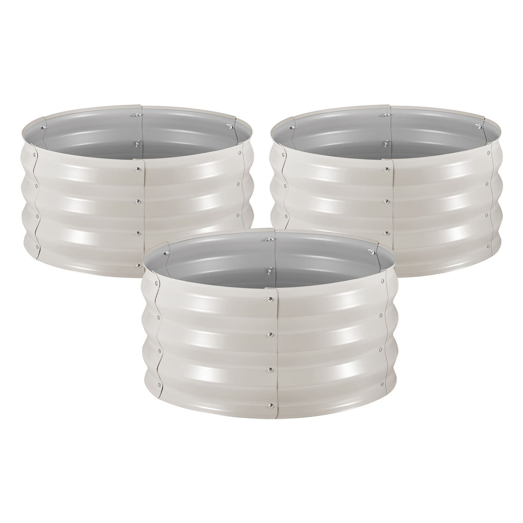 3 Pcs Galvanized Raised Garden Beds, 2 x 2 x 1 ft, Round Metal Planter Boxes Kit Outdoor, Bottomless Elevated Garden Boxes with Gloves, Alu-Zinc, for Planting Flowers Vegetables Herbs, Beige