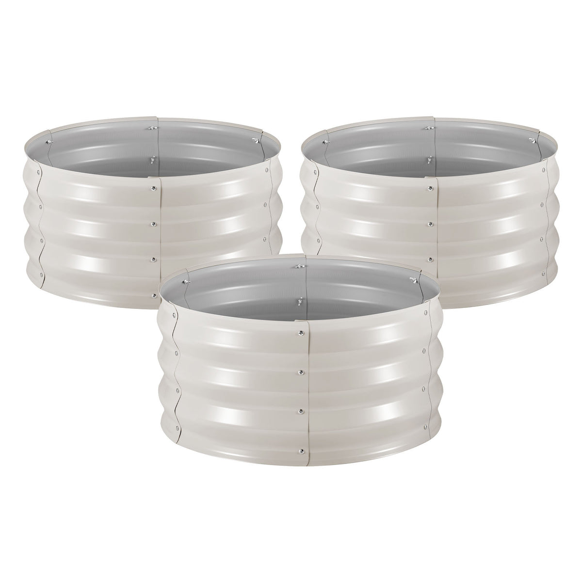3 Pcs Galvanized Raised Garden Beds, 2 x 2 x 1 ft, Round Metal Planter Boxes Kit Outdoor, Bottomless Elevated Garden Boxes with Gloves, Alu-Zinc, for Planting Flowers Vegetables Herbs, Beige