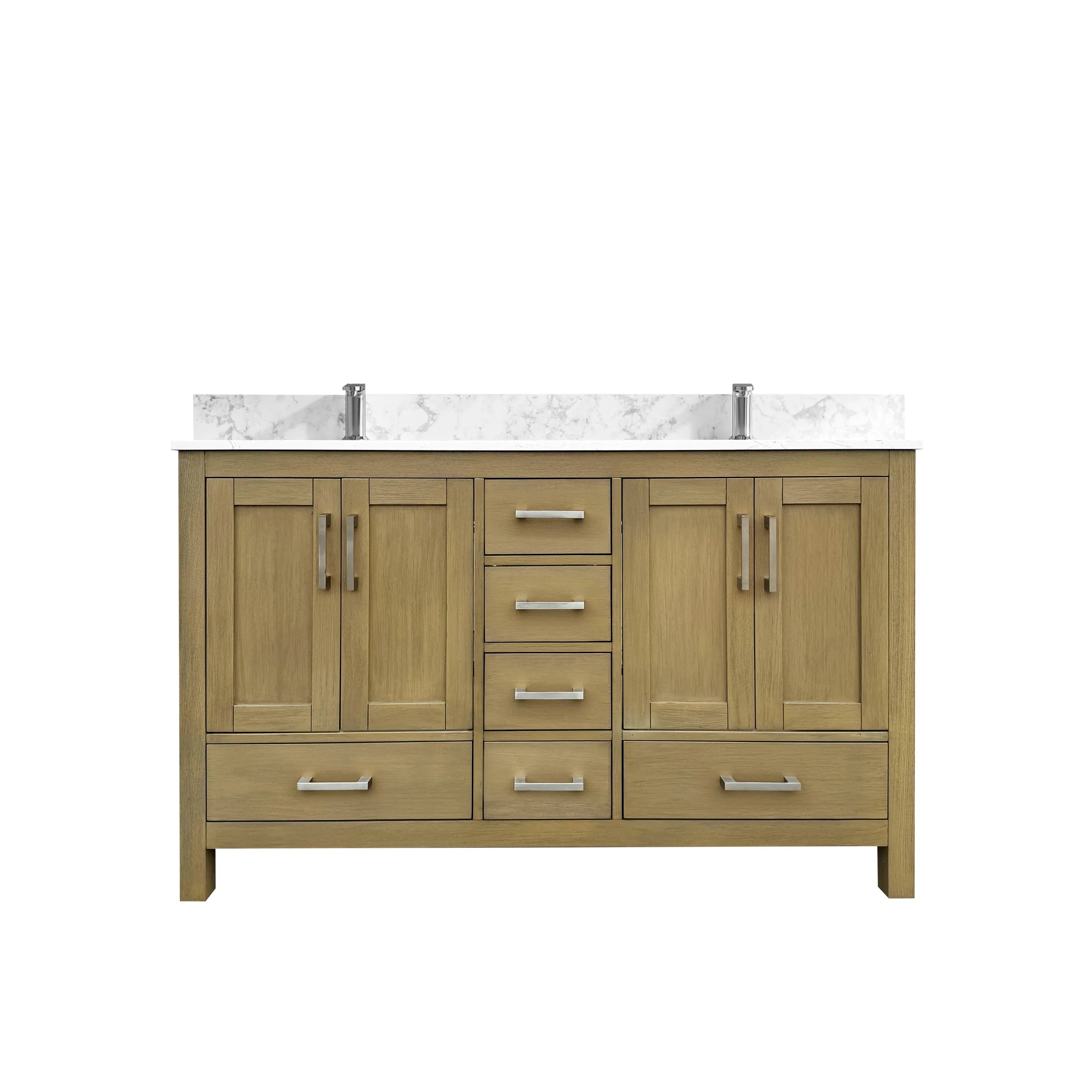 55' Bathroom Vanity with double basins Sink & Faucet Hole, Bathroom Storage Vanity Sink Cabinet with 4 Doors ＆ 6 Drawers in Oak - Eloy Royal