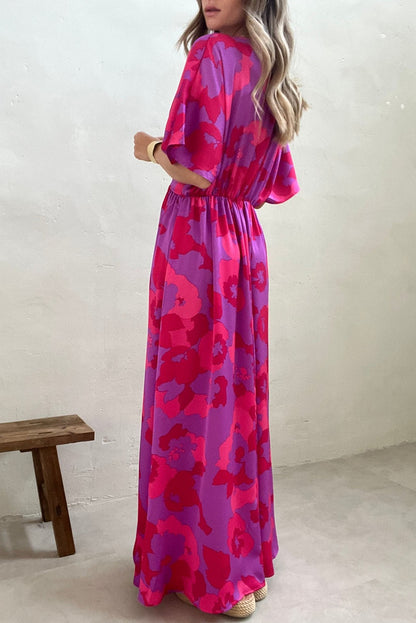 Rose Abstract Floral Print V Neck Split Maxi Dress - Eloy Royal