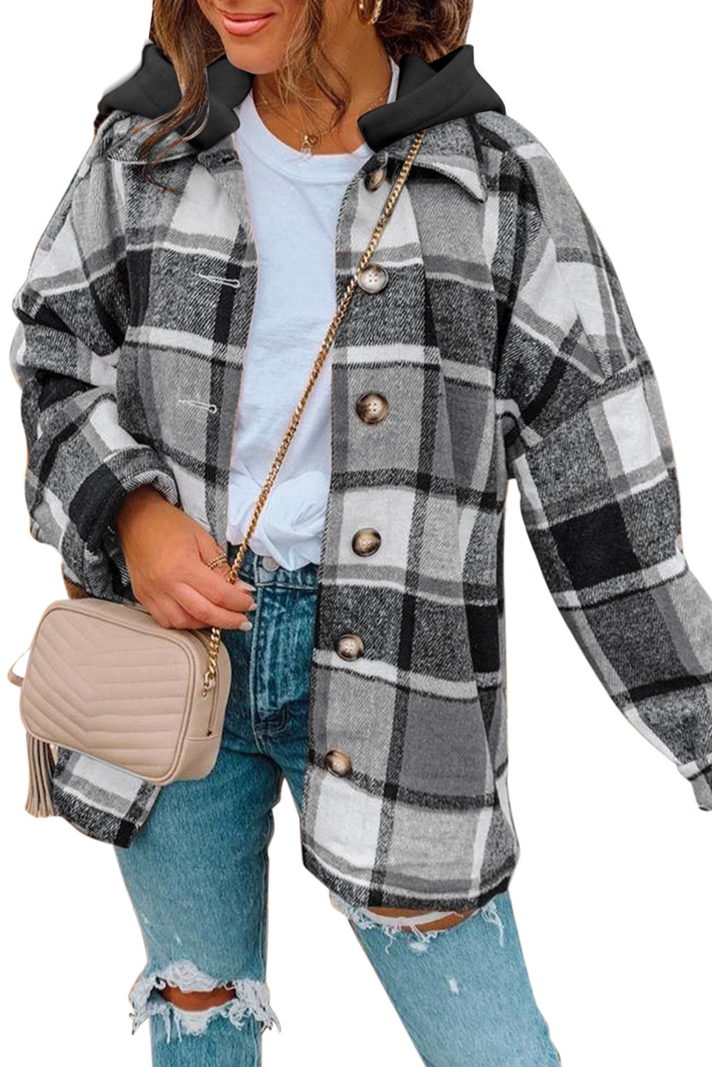 Orange Plaid Button Front Hooded Shacket - Eloy Royal