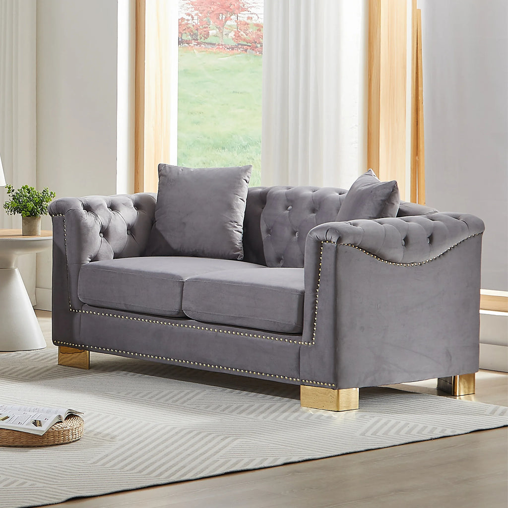 {Video] Classic Modern Style Sofa, 62-inch Chesterfield Classic Rolled Arm Tucked-in Nailhead Decor Cloud Two-Seater Velvet Sofa, Luxury Double Sofa Suitable for Living Room, Bedroom, Apartment, Grey - Eloy Royal