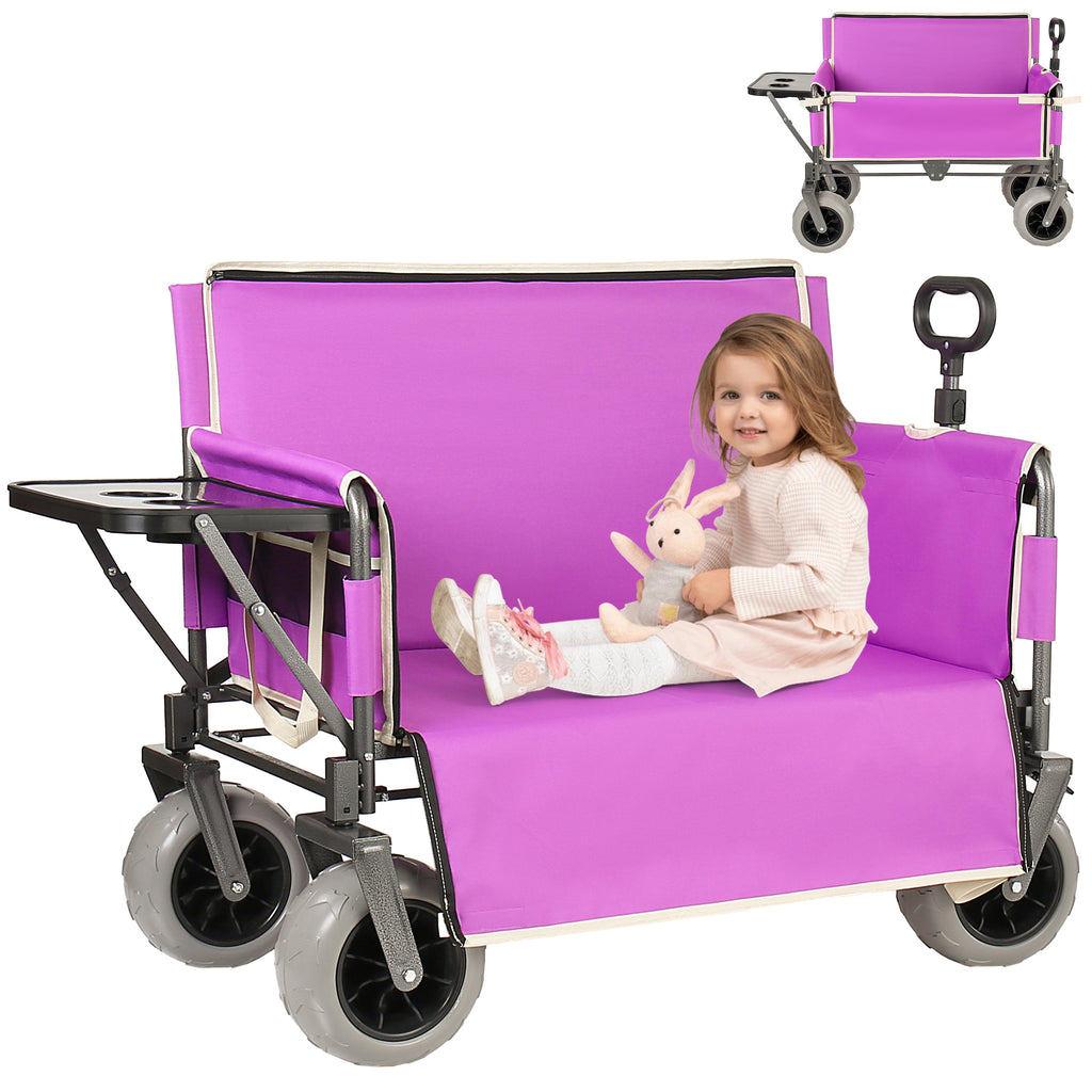 3-in-1 Collapsible Wagon Converts to Bench Convertible Folding Wagon Cart with Rear-Mounted Folding Tabletop, 500lbs Heavy-Duty, 180L Capacity for Camping, Beach, Garden, Fishing-Purple