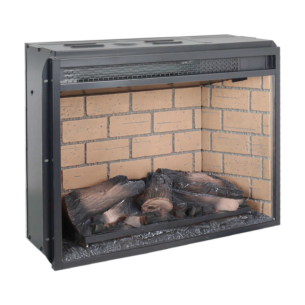 Vintage Infrared Quartz Heater Fireplace Insert with Realistic Logs, Brick Design, Antique Black, Tempered Glass, 23 Inch