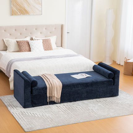 88.58' Wide Modern Bench, Bed End Bench with Armrests,Chenille Chaise Lounge Couch with 2 Bolster Pillows, Suitable For Living Rooms, Entryways, Dormitories, And Bedrooms.Navy